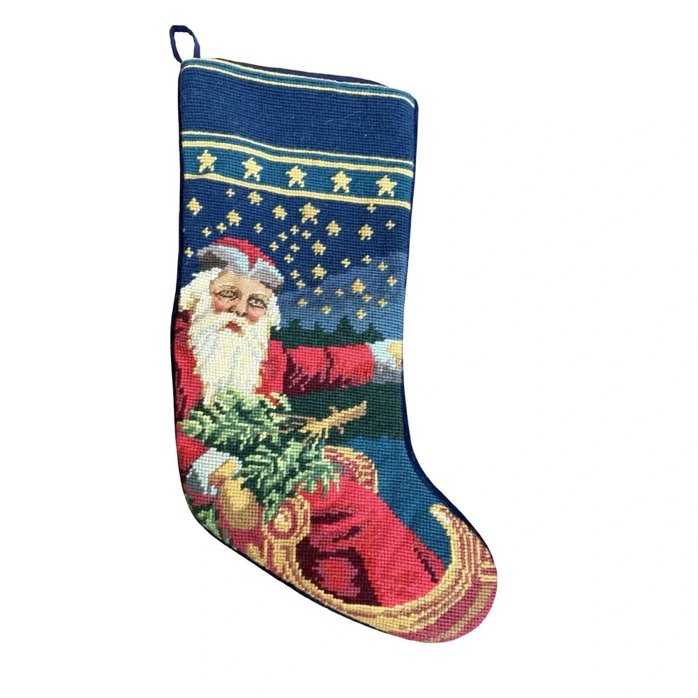 Vintage needlepoint wool Christmas Santa‎ Sleigh Stocking blue background